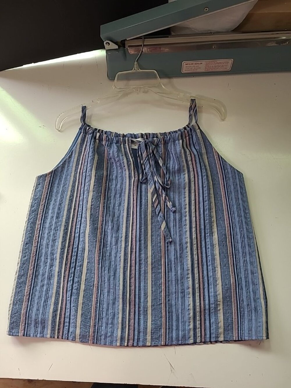 Everly Womens  Tank Blouse Size S Tank Shirt Blue Stripe Lined Strappy Keyhole - Picture 16 of 16